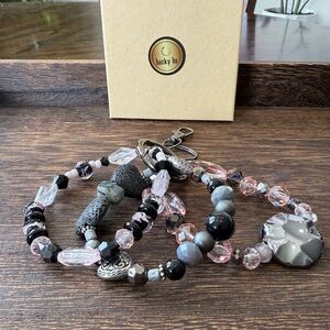 LuckyLu Beaded Bag Charm Stackable Bracelets Stretch Pink Black Grey Hearts